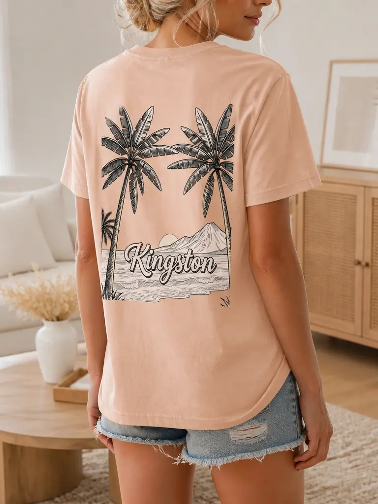 Women Premium Graphic Tee, Soft 100% Cotton Relaxed Fit Short Sleeve Top Crew Neck, Black White Line Art Kingston Beach Palm Mountain Print Minimal Basic Printed T-Shirt for Women Street Casual Office Home Outdoor Daily Outfits