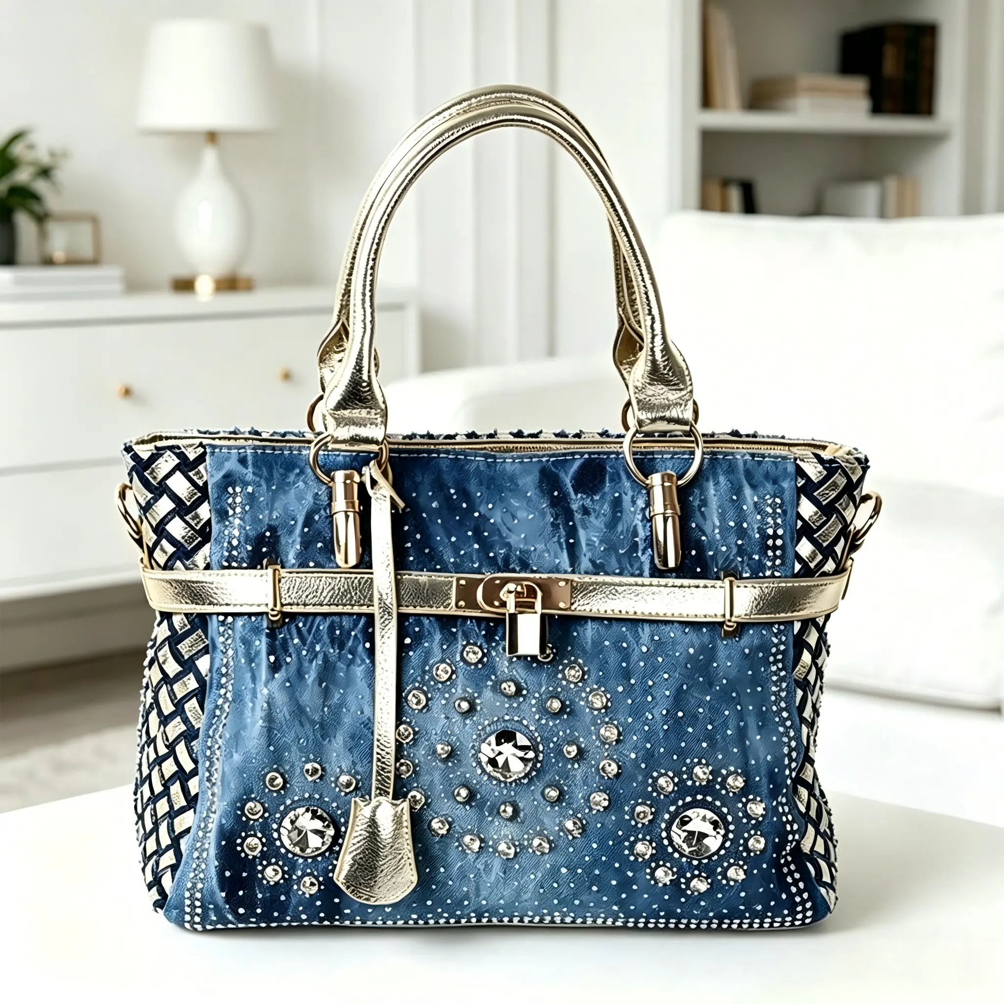 Women’s sparkling rhinestone denim handbag, large-capacity vintage washed denim top handle bag with metal trim and woven details, suitable for parties and everyday use
