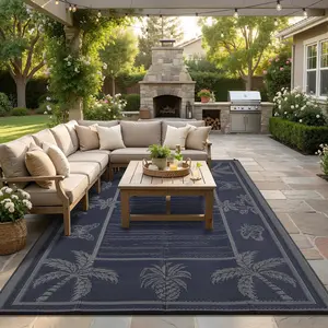 Outdoor Rug Patio Waterproof Reversible, Tropical Plants Indoor Outdoor Rugs, Large Plastic Straw Mat Carpet for Camping, RV, Deck, Balcony, Picnic, Backyard, NavyGrey