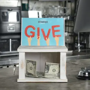 Whitewashed Wood Lockable Donations Box, Suggestion Box with Removable Chalkboard and Acrylic Sign Holder