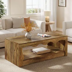 TRIBEWOOD Rectangle Coffee Table, 47.24-Inch Farmhouse Coffee Tables for Living Room, 2-Tier Wooden Rectangular Accent Center Low Cocktail Tea Table with Open Storage Shelf, Rustic Brown