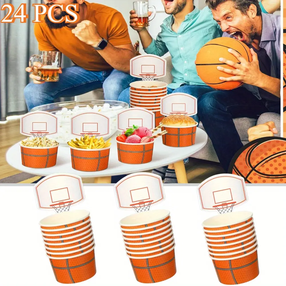 24 Sets Thick Paper Disposable Cups with Cards, 8 oz Solid Basketball Hoop Snack Cups, 3.74x3.15x2.17 Inches Sports Treat Bowls for Adults' Ball Birthday Party Favors Supplies, 250Ml