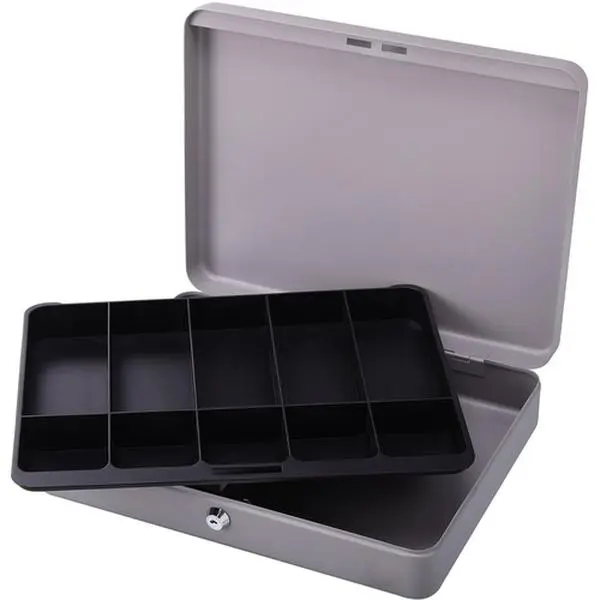 212 MAIN Sparco SPR15500 Cash Box - Key Lock, 2 Keys, 10 Compartments, 10-.50in x15in x2in, Gray, Steel, Removable Tray, Lock Box, Secure Storage, Coin Box