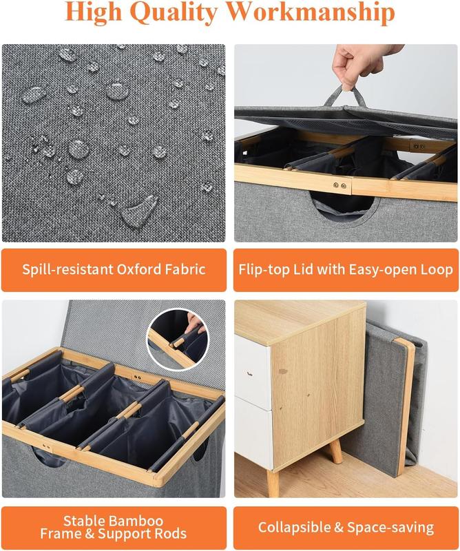 OTraki 3 Section Laundry Hamper with Lid, 150L Clothes Hampers for Laundry with Bamboo Handles and Removable Bag, Large Foldable Laundry Basket for Bedroom, Bathroom, Dorm, Laundry Room, Grey