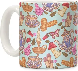 LookHUMAN Ceramic Mushroom Mug - Funny Cottagecore Penis Coffee Cups for Adults, Double-sided Print Mushroom Coffee Mug, Lover Gift