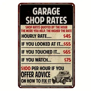 Vintage Garage Shop Rates Metal Sign - Funny Mechanic Wall Decor with Humorous Quotes, Retro Tin Plaque for Man Cave, or Dad's Workshop, Bar Decoration, Perfect for Room Decor