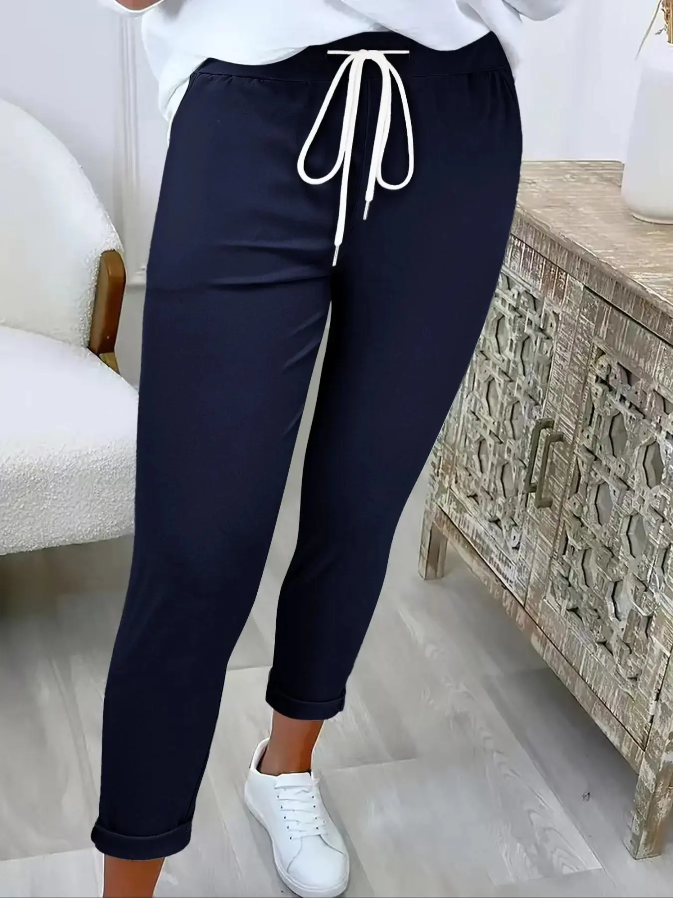Women's Solid Color Drawstring Waist Adjustable Pants, Casual Lounge Pant, Minimalist Basic Casual Lightweight Comfy Trousers for Summer, Fashion Womenswear Bottoms for Daily Wear