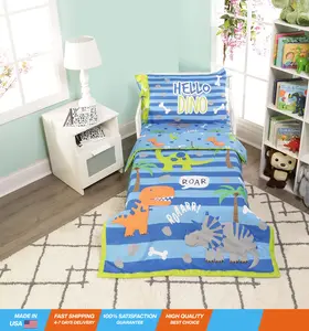 4 Piece Toddler Bedding Set Roaring Dinosaurs - Includes Comforter, Flat Sheet, Fitted Sheet and Reversible Pillowcase – Boys Toddler Bedding