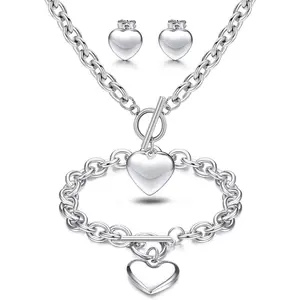 FLORIDECO 3Sets Stainless Steel Heart Pendant Necklace Toggle Chain Heart Bracelet Heart Stud Earrings for Women Charm Love Heart Jewelry Set for Halloween Daily