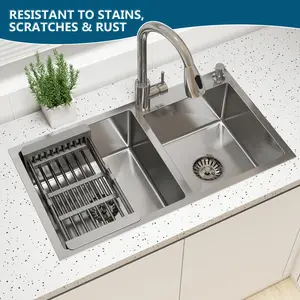 Silver Kitchen Sink Stainless Steel 30"/32" Double Bowl Drop In Top Mount with Pull-out Faucet Retractable Drain Basket