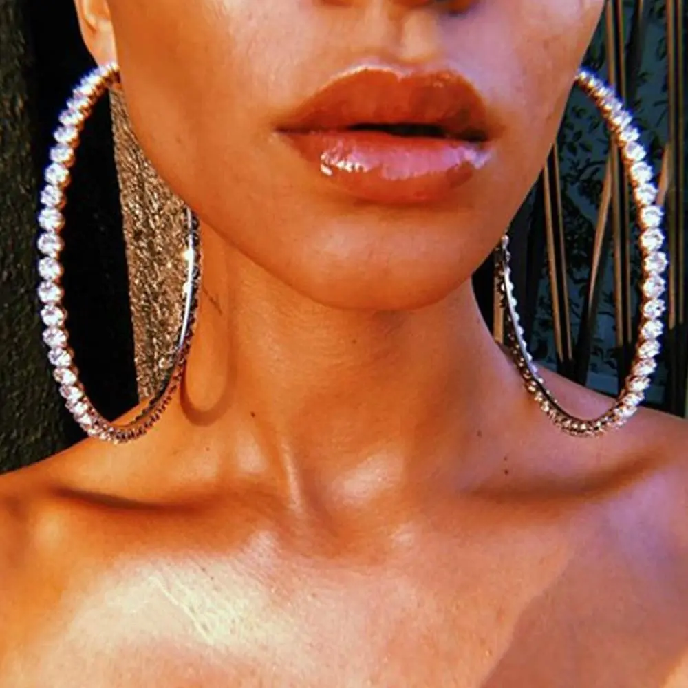 Large 100mm Crystal Hoop Earrings for Women, Lightweight Silver Dangle Earrings Set with Rhinestone Sparkle Bling for Festivals, 30-Day Money-Back Guarantee, Zinc Alloy, Festive Wear