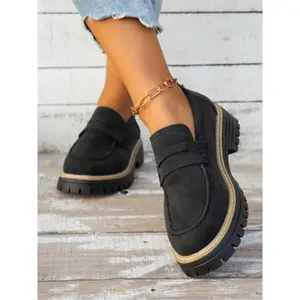 Women's Thick Sole Loafers, Comfortable PU Leather Casual Flats, Wide Fit Round Toe Slip-On, Rubber Sole, All Season Footwear