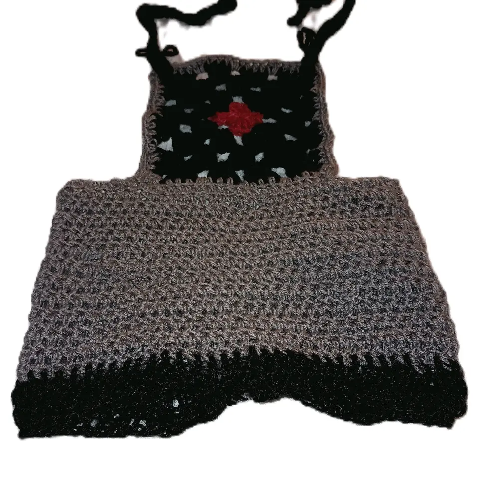 Handmade Crochet Romper - Gray with Black Trim and Red Heart Design for Craft Enthusiasts