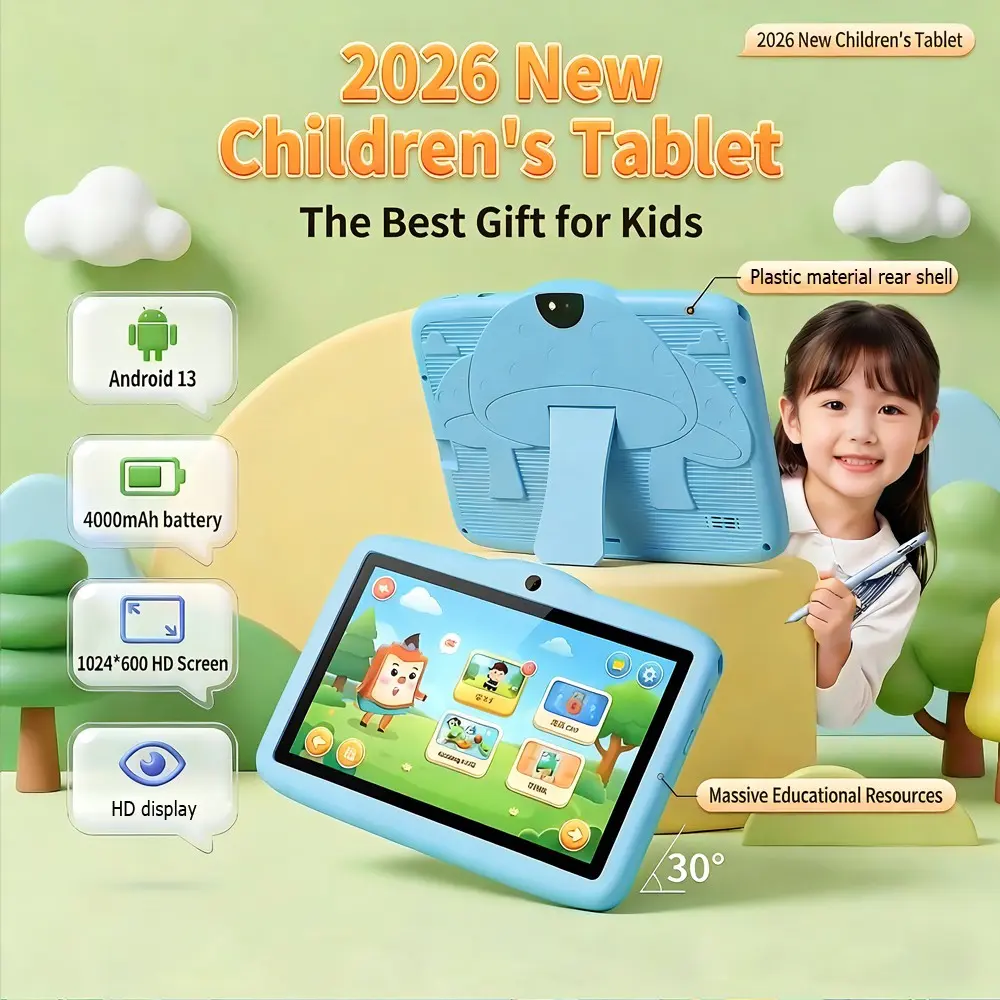 New 7-inch children's tablet, Android tablet computer with Android 13 system, 4GB RAM, 64GB ROM, parental control, equipped with educational learning software, dual cameras 2MP+5MP, 8-core, HD display, multi-color shell, Kid Tablet