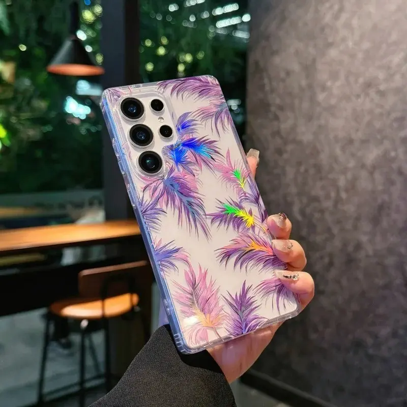 Luxury Flower Glitter Laser Protective Phone Case For Samsung A17 A26 A36 A56 S24 S25 FE S25 Plus Ultra Edge A06 A16 A25 A35 A15 A55 A54 5G Hard Acrylic Clear Shockproof Cover