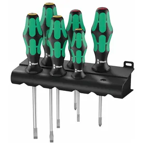 Wera - 5105650001 Kraftform Plus 334/6 Screwdriver Set with Rack and Lasertip, 6-Pieces, Multicolor, Slotted: 6.5x150mm, 3x80mm, 4x100mm, 5.5x125. Phillips: PH1x80, PH2x100