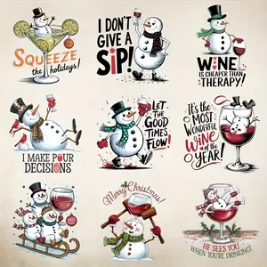 9pcs Christmas Funny Snowman Red Wine Heat Transfer Stickers - Vinyl Iron-On DIY Decals with Humorous Holiday Phrases, Mixed Colors for T-Shirts, Bags, Hats - Festive Gift & Decoration (Clothes Not Included), Winter Wonderland Christmas Decorations, Holid