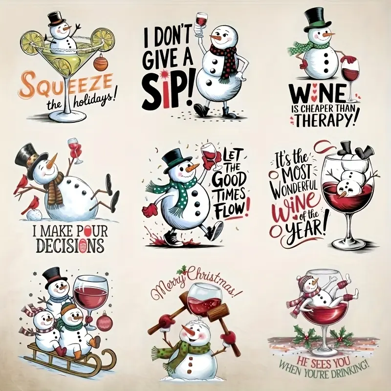 9pcs Christmas Funny Snowman Red Wine Heat Transfer Stickers - Vinyl Iron-On DIY Decals with Humorous Holiday Phrases, Mixed Colors for T-Shirts, Bags, Hats - Festive Gift & Decoration (Clothes Not Included), Winter Wonderland Christmas Decorations, Holid