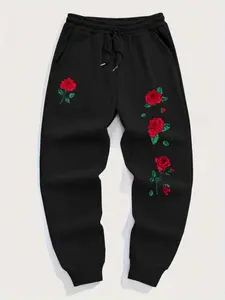 Men's Solid Color Drawstring Waist Sports Pants, Comfortable Fitted Design, Angel Print, Casual Fall & Winter Wear