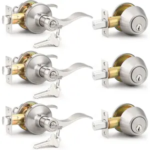 Entrance Door Lever Deadbolt Sets 3 Set Satin Nickel Exterior Entry Lever and Single Cylinder Deadbolt,Keyed Alike Combo, Keyed Handleset Lockset Exterior(for Front Door and Outside Gate)