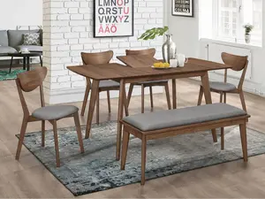 Alfredo Mid-Century Modern 108080-S6 6-Pc Natural Walnut Finish Wood Dining Table Set with Matching Chairs & Bench for Cozy Dining Space