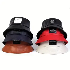 [Solid Color Basin PU Leather Hat] PU Leather Trendy Bucket Hat Classic Label Patch Solid Color Basin Hats Casual Adjustable Sunshade Fisherman Cap For Women & Men
