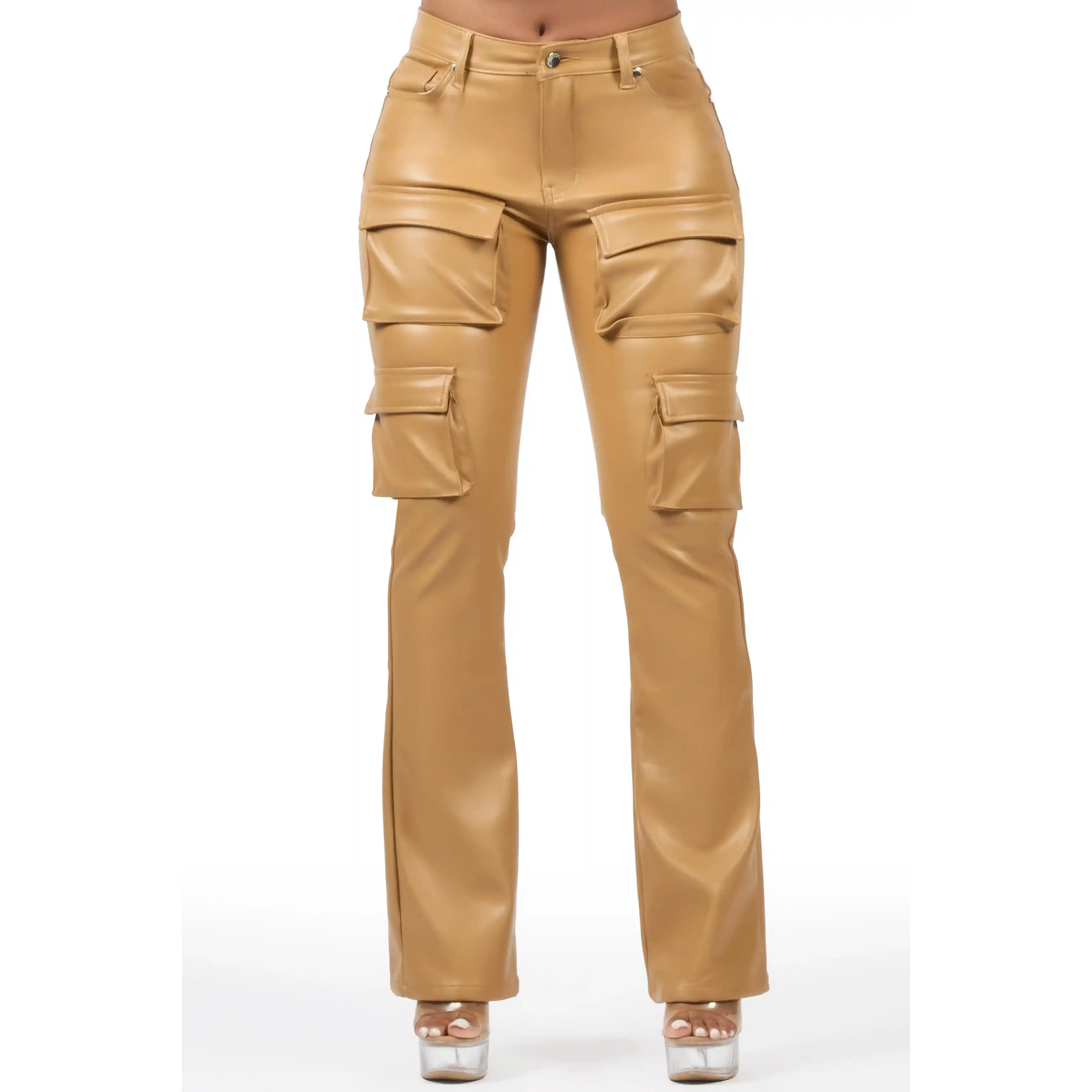 Caressia Tan PU Cargo Stacked Flare Pant Caressia Tan PU Cargo Stacked Flare Pant