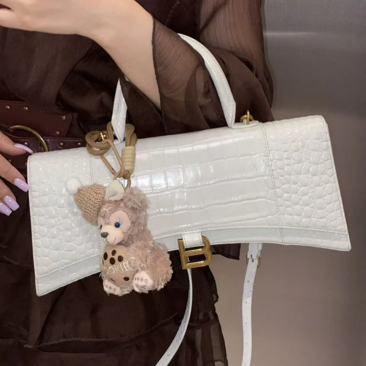 Pre-owned Balenciaga Certified Hourglass XS Croc Embossed Leather Luxury Crossbody Handbag, Luxury Crossbody Bags