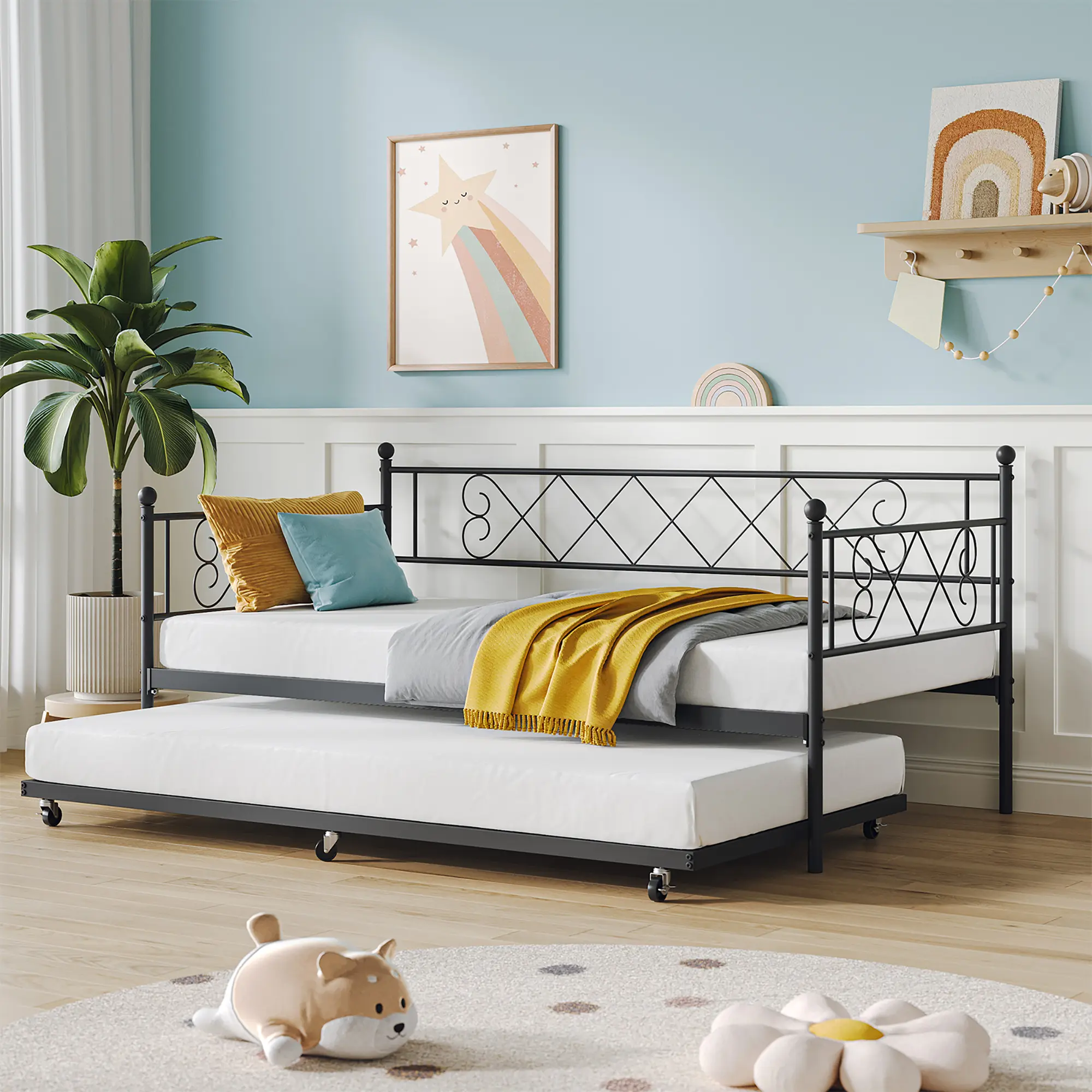Space-Saving Purple Twin Metal Daybed with Pop-Up Trundle - Heart-Shaped Headboard, Sturdy Steel Slats, Sofa Bed for Living Room, Bedroom, Guest Room, Easy Assembly