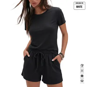 Must-Have Women's Sweet Wear 2-Piece Outfit! Casual Black T-Shirt & Drawstring Shorts Set. Breathable, 4-Way Stretch, Fast-Dry Activewear. Perfect for Gym, Yoga, Lounge or Summer. Trendy Co-ord Sets!