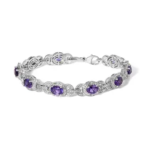 Sterling Silver Oval Purple Amethyst and Diamond Interlocking Halo Link Bracelet
