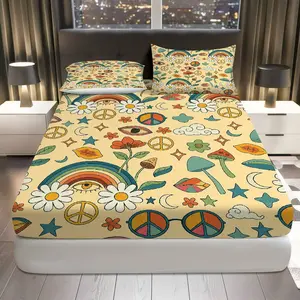 3Pcs Retro Hippie Peace Fitted Sheet Three Piece Set (1*Fitted Sheet+2*Pillowcases, Coreless), Bohemian theme, Flower Power Bedding Set, Mattress protector Soft, Breathable, Bohemian Decorative Bedsheet Sets