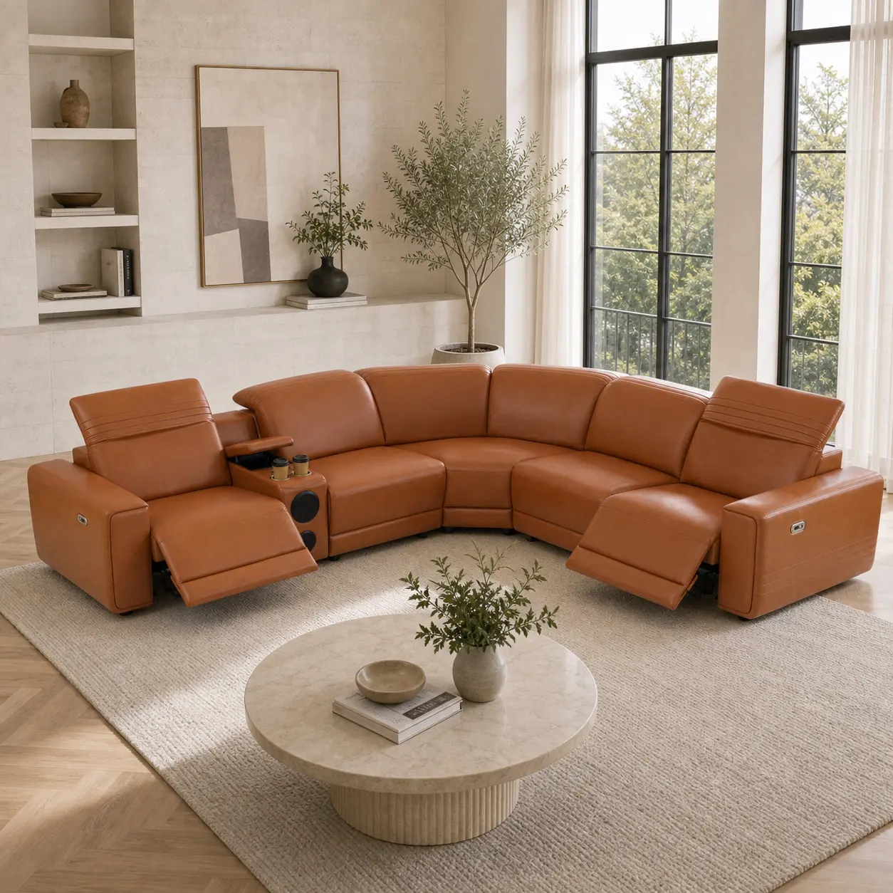 6-Piece Semi-PU Leather Power Reclining Sofa Set with Recliner Chair, Orange Yellow, Breathable, Smart Comfort Controls, Spacious Seats, Sturdy Comfy Couch, Modern Upholstered Sofas, Easy to Clean for Living Room, Home Theater, Modern Sofas Couches, Assem