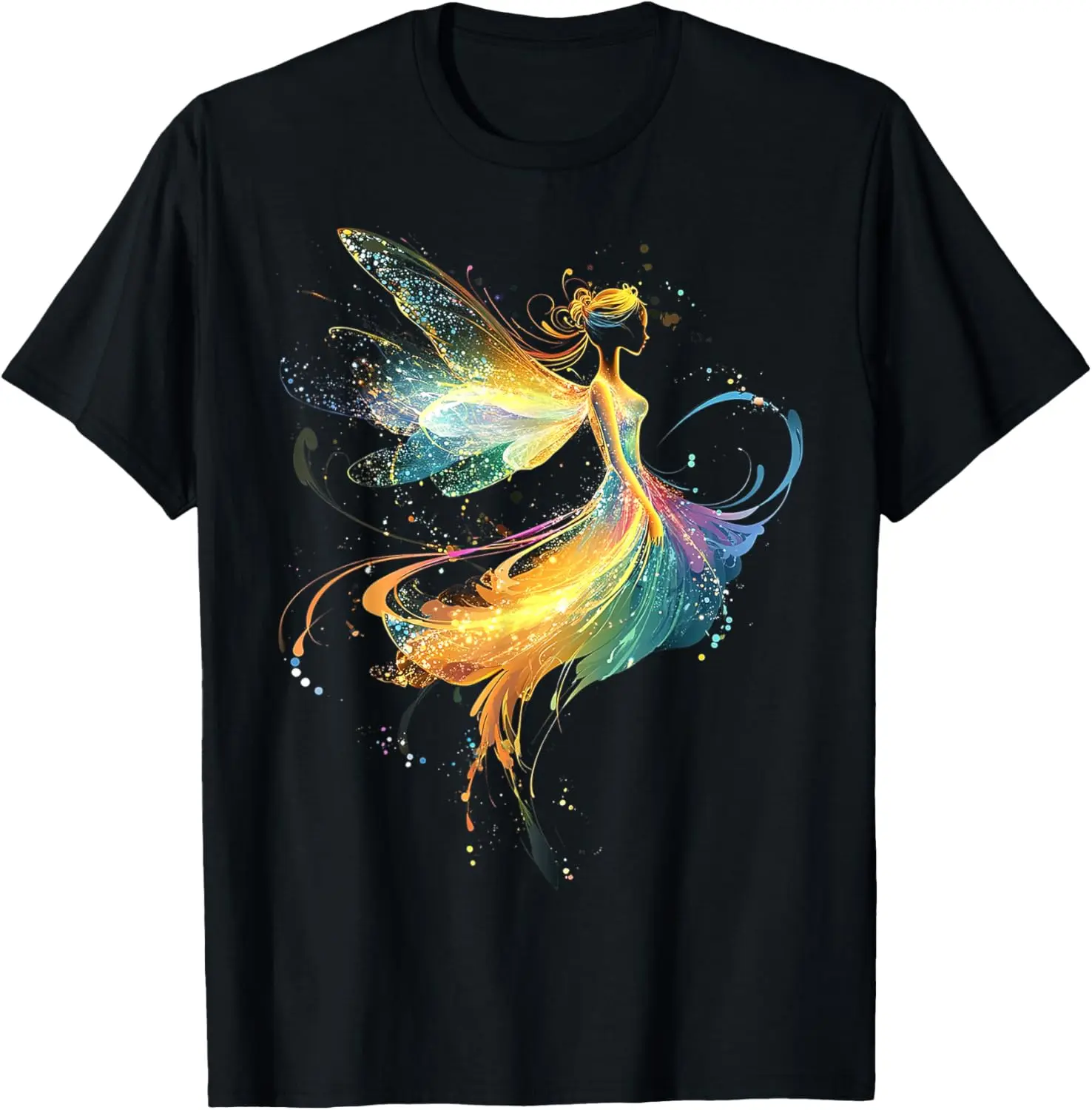 Women's 100% Cotton Short-Sleeve Vintage Streetwear Top, Distressed Round Neck T-Shirt with Fairy Mythical Motif Fantasy Artwork