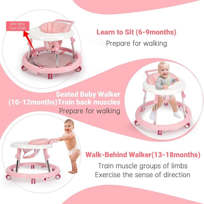 Baby Walker Foldable with 9 Adjustable Heights, Baby Walkers and Activity Center for Boys Girls Babies 7-18 Months, Baby Walker with Wheels Portable