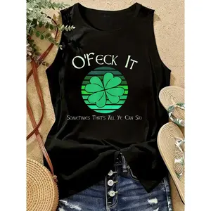 Sleeveless Vest, O'Feck It, Four Leaf Cloverprint, Women's Loose and Breathable Casual Vest Top for Spring and Summer, Backless Outdoor Lightweight Tshirt, Stylish Roundneck Summer Sports for Women
