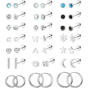 LOLIAS 21Pairs Surgical Steel Flat Back Earrings Hypoallergenic 20G Screw Back Nap Stack Cartilage Earring Stacks