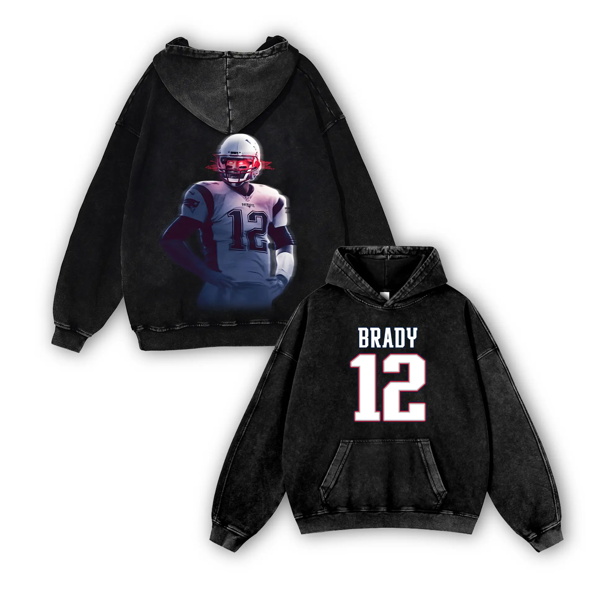 Tom Brady #12 Patriots V11 Casual Washed Hoodie | Ultimate GOAT QB Gear, Pats Nation Pride, Oversized Washed Iconic Vibe