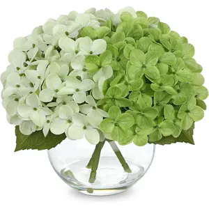 Ture Artificial Hydrangea Flowers Arrangement in Vase with Faux, Real Soft Petals Green Mixed Color Fake Flower Centerpiece for Dining Table Wedding, Farmhouse Home