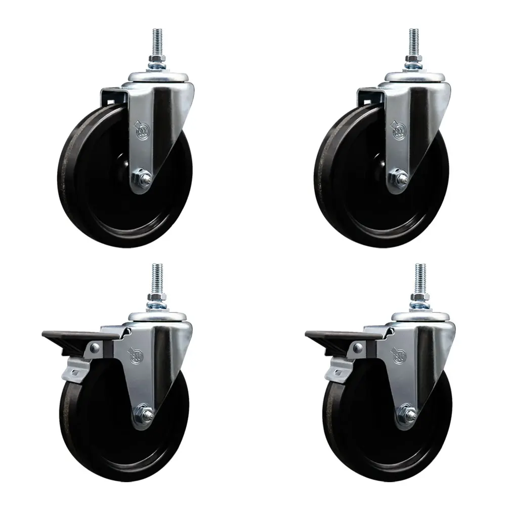 212 MAIN Light-Medium Duty Phenolic Swivel Threaded Stem Furniture Moving Wheel Casters with Posi Lock Brakes, 5x1.25 in, 0.38 in Stem, Set of 4 (Model SCC-TS20S514-PHS-381615-2-PLB-2)