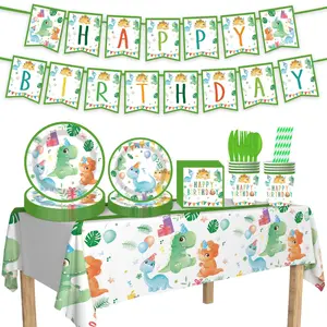 Cute little dinosaur birthday theme party atmosphere dress up flag disposable paper plate paper cup tissue tablecloth tableware