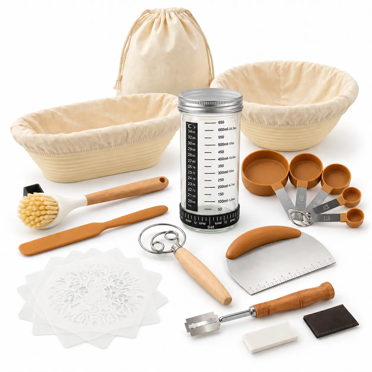 18-Piece Sourdough Starter Kit for Beginners, 650ml Starter Jar with °C/°F Temperature Strip, Round & Oval Food-Grade Silicone Proofing Bowls, Danish Whisk, Bread Lame, Dough Scrapers, Measuring Spoons, Recipes & Bread Bag