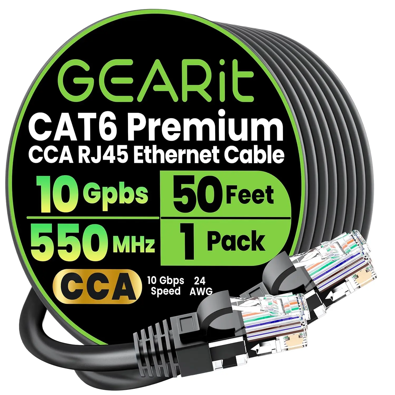 GEARit Cat 6 Ethernet Cable CCA (50 feet) LAN Network Cord, UTP, Internet, Network Cable - Supports Cat6 / Cat5e / Cat5 Network Standard - Black, 50ft