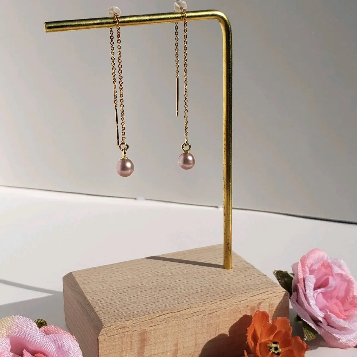 AAA Pink Pearl Earrings with 18K Gold Plated Thread Earrings
