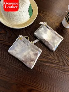 Genuine Leather Women's Wallets Fashion Minimalistic Handbags Female Portable Coin Purses Money Bags Zipper Silver Bank Credit Card Holder Wallets for Women,Gift