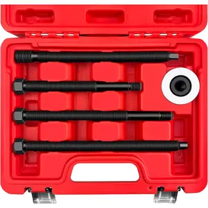 Harmonic Balancer Installer Tool Set, 5-Piece Long Reach Crank Pulley Underdrive Damper Puller Installation Tool Kit, 4 threaded rods and 1 Bearing Press Hex Nut