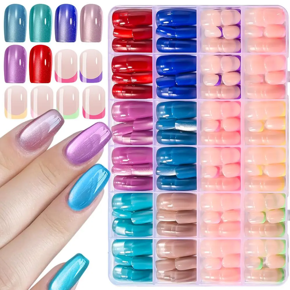 288Pcs Colorful Cat's Eye&French Tips Fake Nails Mixed 12Colors Short Square/Coffin Press On Nail Glossy French False Fingertips
