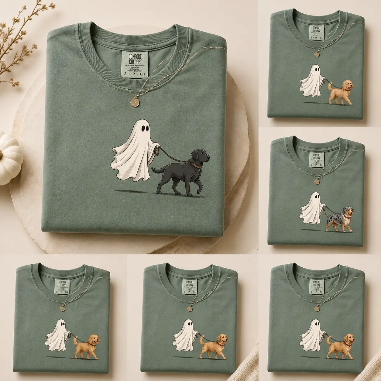 Comfort Colors Ghost Walking Dog Halloween Shirt, Custom 50 Dog Breeds Dog Mom Tee, Cute Spooky Season Fall Graphic T-Shirt, Halloween Gift