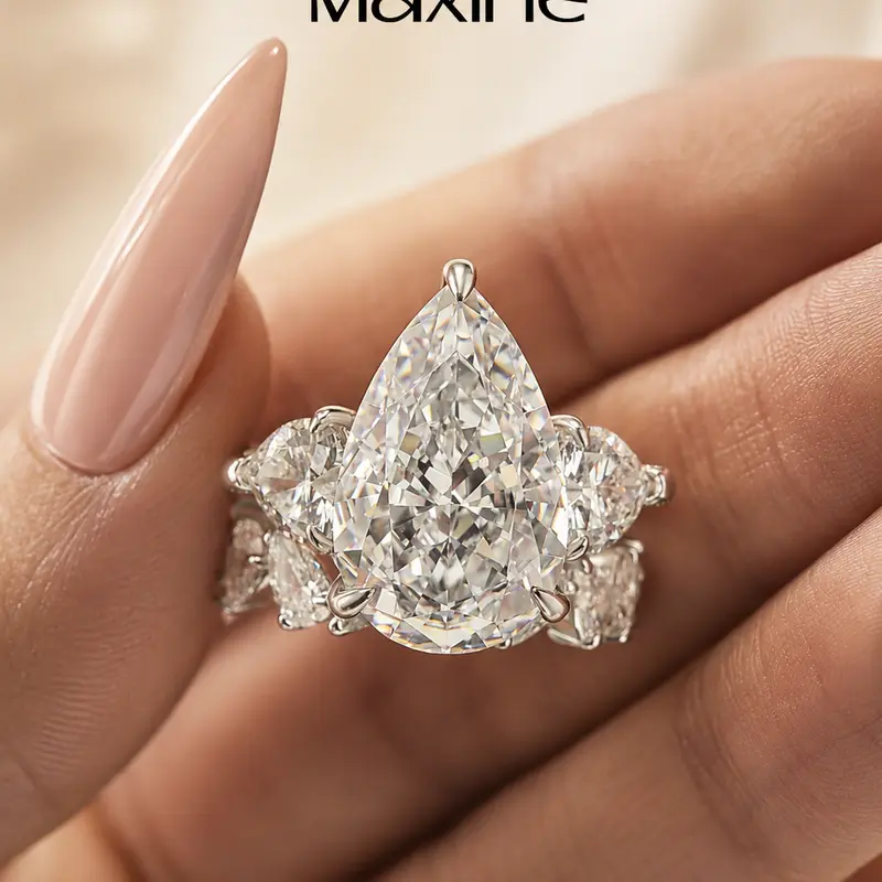 Maxine 2-Piece 8.0ct Wedding Ring Set - 3-Stone Pear Cut Engagement Ring with Matching Eternity Band, Affordable Luxury, Suitable for Daily Wear