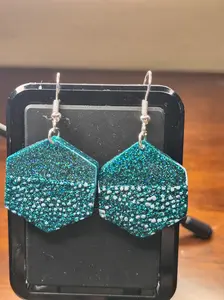 Blue Hexagon Earrings with White Accents and Silver Hooks - Stylish and Unique Design for Modern Fashion